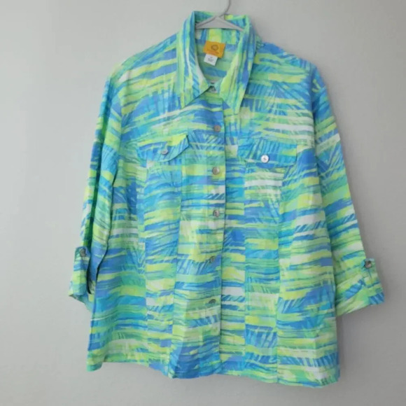 Ruby Rd. Women's Button-Up Shirt Size 1X Multicolor 100% Linen Roll Tab Sleeves - Picture 1 of 9